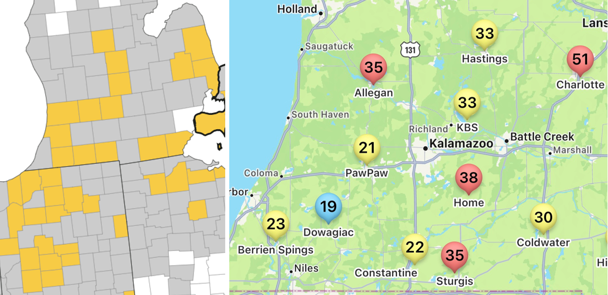 Michigan counties with confirmed tar spot in 2023 and a screenshot of the Tarspotter app (right).